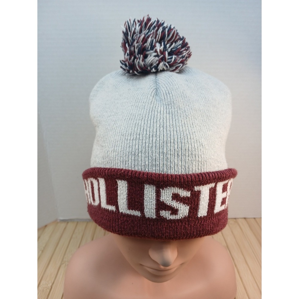 Hollister Knit Pom-Pom Beanie Hat Grey Burgundy Logo Cuffed Winter Cap